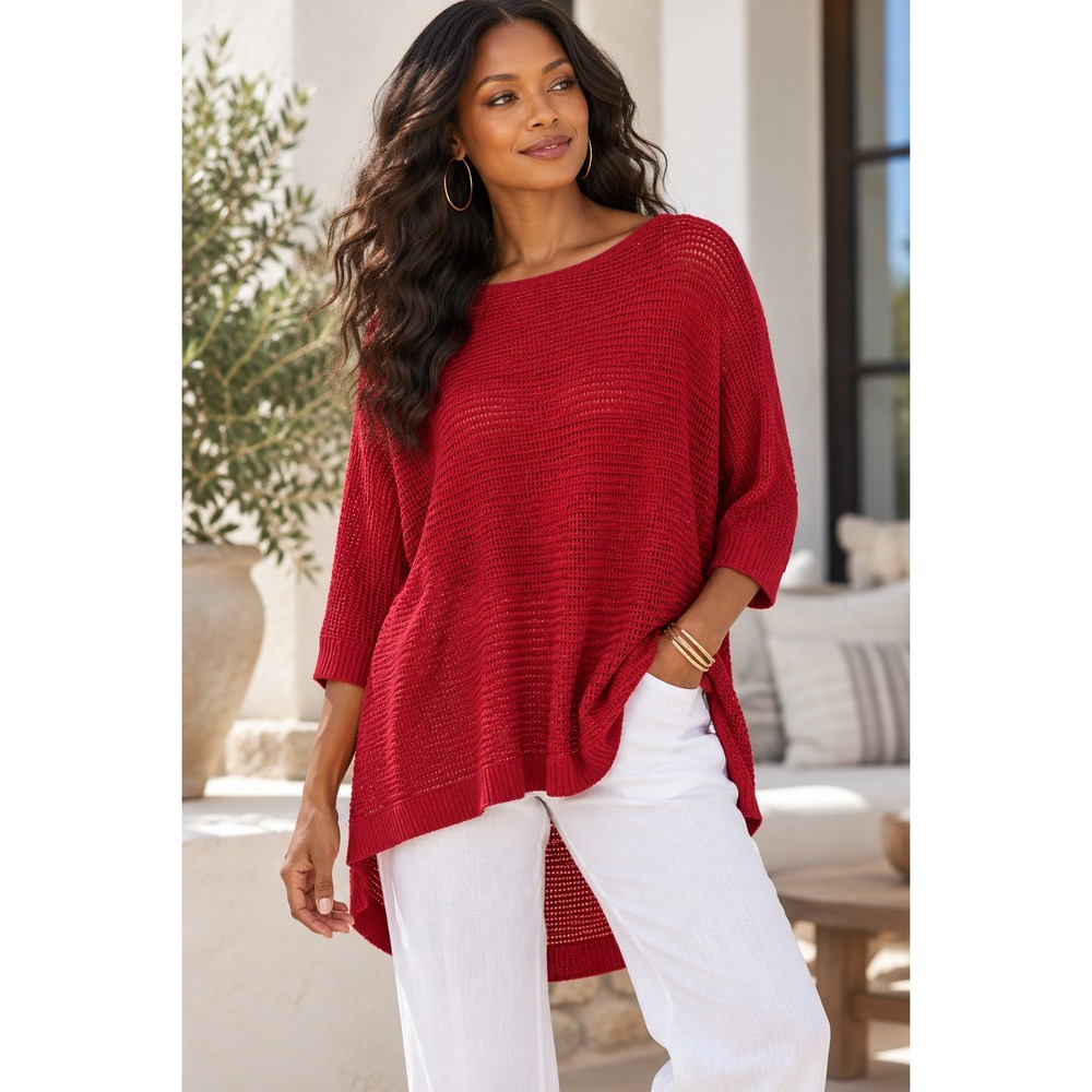 Lauren Jeans Co Ralph Lauren Sweater Womens L Red Linen Cotton Open Knit Tunic